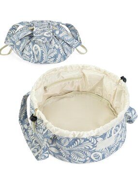 New Large Barrel Drawstring Makeup Bag - Blue Leaf Toiletry Organizer for Women